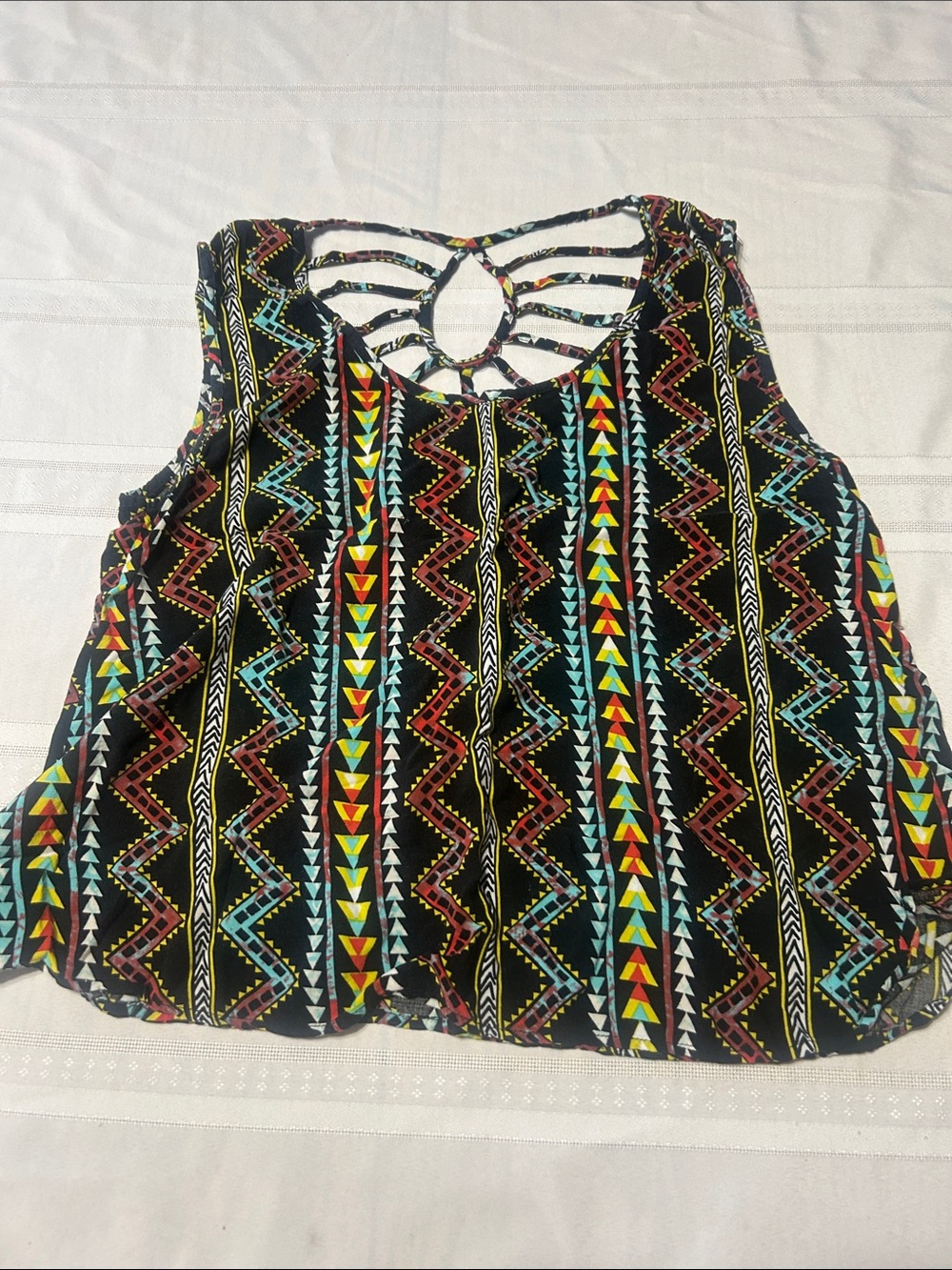 Cacique Black Tank Top with Multicolor Geometric Print and Ladder Back